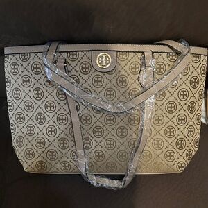 Elegant Beige and Brown Tote with Logo Pattern